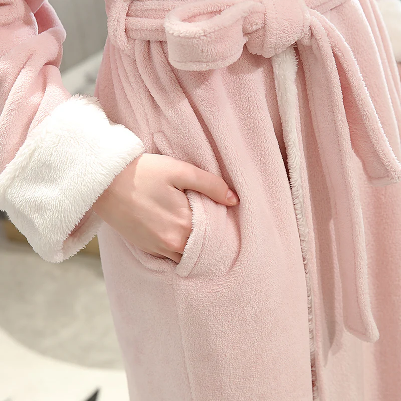 Women Plus Size Extra Long Flannel Bathrobe Warm Dressing Gown Plus Size Bath Robe Coral Fleece Winter Men Cozy Sleepwear Bride