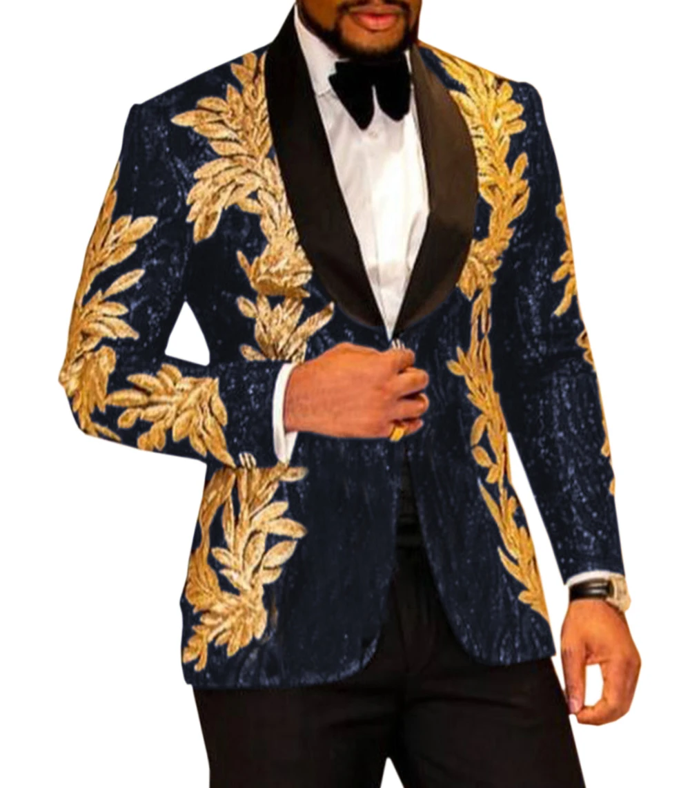 SOLOVEDRESS Men's Suit 2 Pieces Navy Slim Shiny Glitter Gold Applique Prom Dress Jacket Party Suits Set (Blazer + Pants)