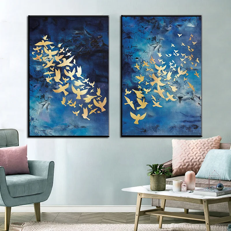 

Abstract Golden Birds In The Blue Sky Painting Posters Printed On Canvas Nordic Wall Art For Home Living Room Decoration