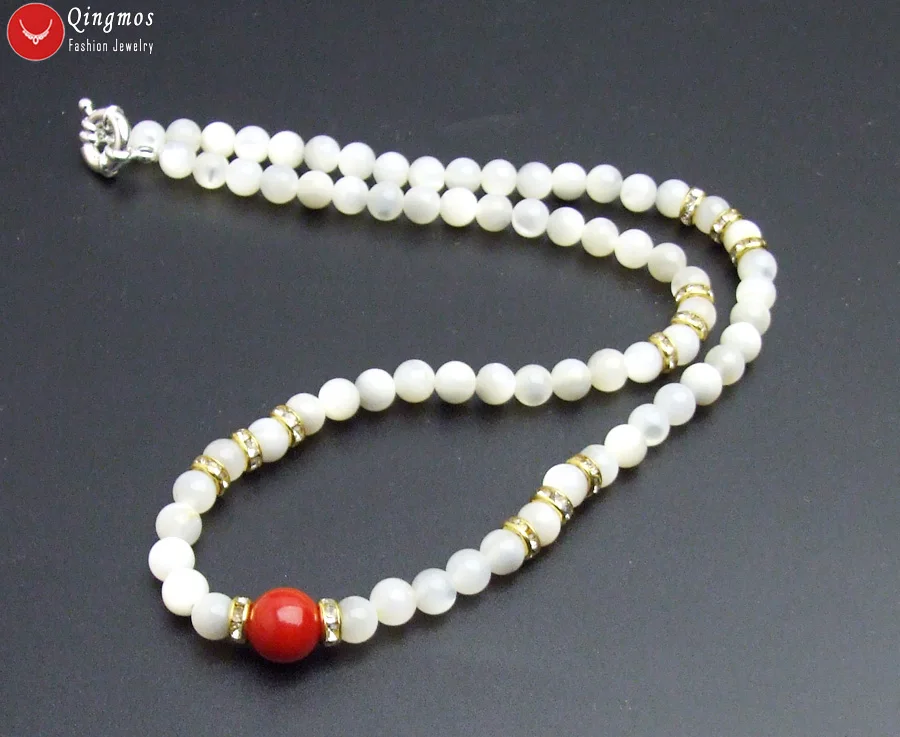 Qingmos Fashion Natural 10mm Round Red Coral Pendant Necklace for Women with 6mm White Shell Beads 18\