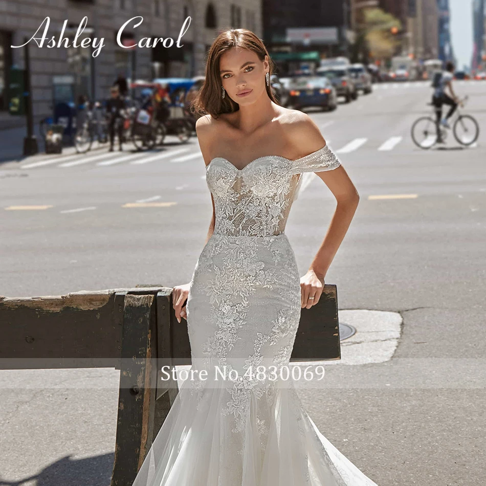 فستان زفاف حورية البحر من أشلي كارول مزين بالخرز الرائع مزين بالدانتيل قبالة الكتف ذيل طويل فستان زفاف فيستدوس دي نوفيا #5
