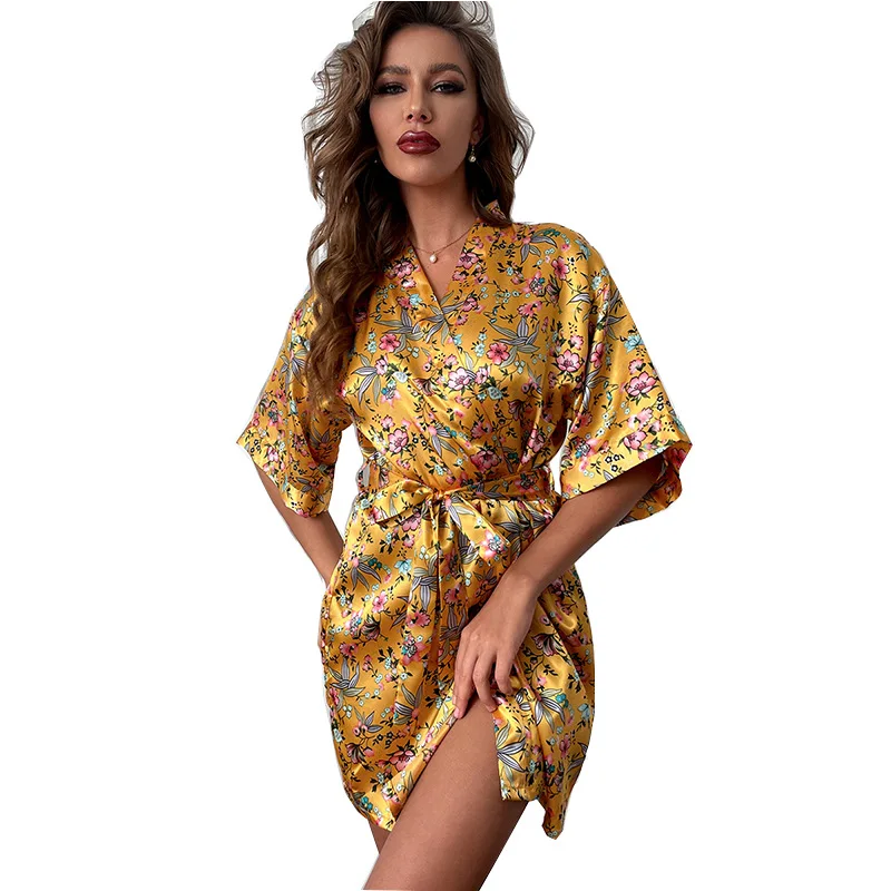 Women Satin Robe Sexy Print Flower Kimono Bathrobe Gown Faux Silk Nightgown Half Sleeve Nightwear Summer New Intimate Lingerie