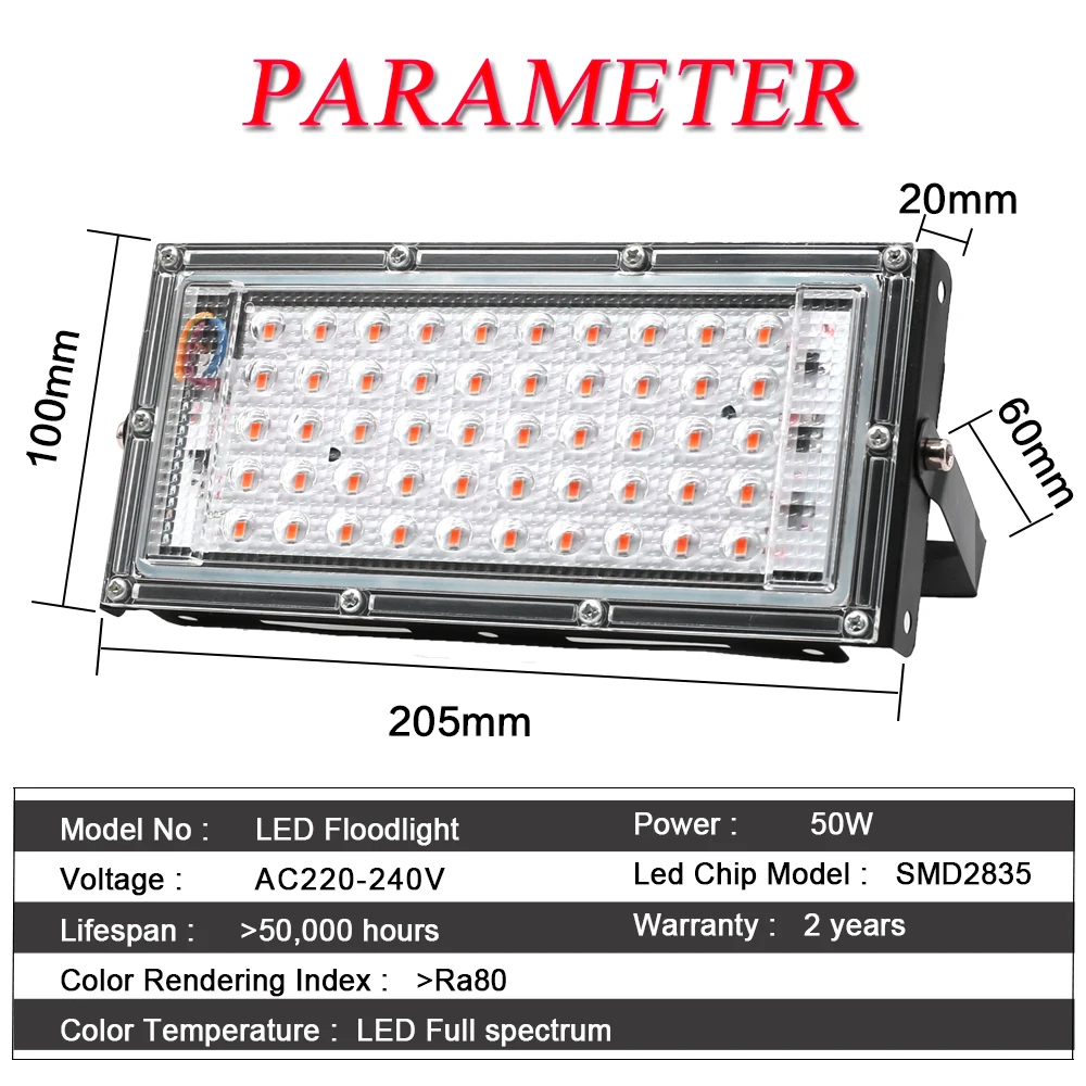 Lampe horticole de croissance LED 50W, AC 220V, 2 pièces/lot, gamme complète, pour culture intérieure de plantes, fleurs, SMD 2835