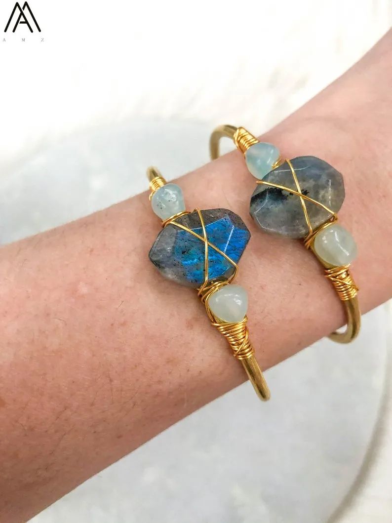 Natural Labradorite Stone Nugget Beads Open Cuff Bangles Women 6mm Aquamarines Round Beads Gold Couples Bracelets BG008AMAB
