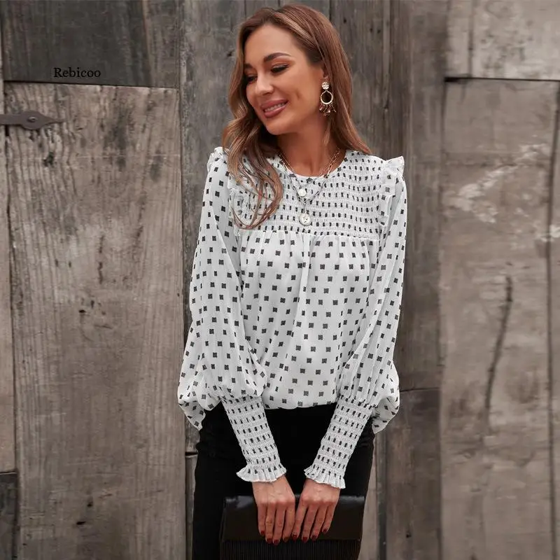 Polka Dot Blouse Women Turn Down Collar Long Sleeve Shirts  Clothes Streetwear White Blouse Women