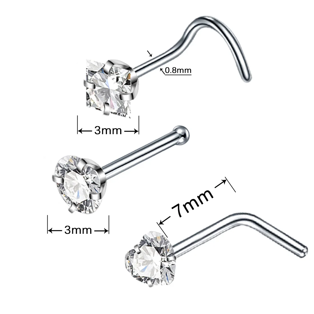 1/2PCS Crystal L shape nose stud set stainless steel zircon heart nose piercing ring star nose piercing stud lot nostril pircing