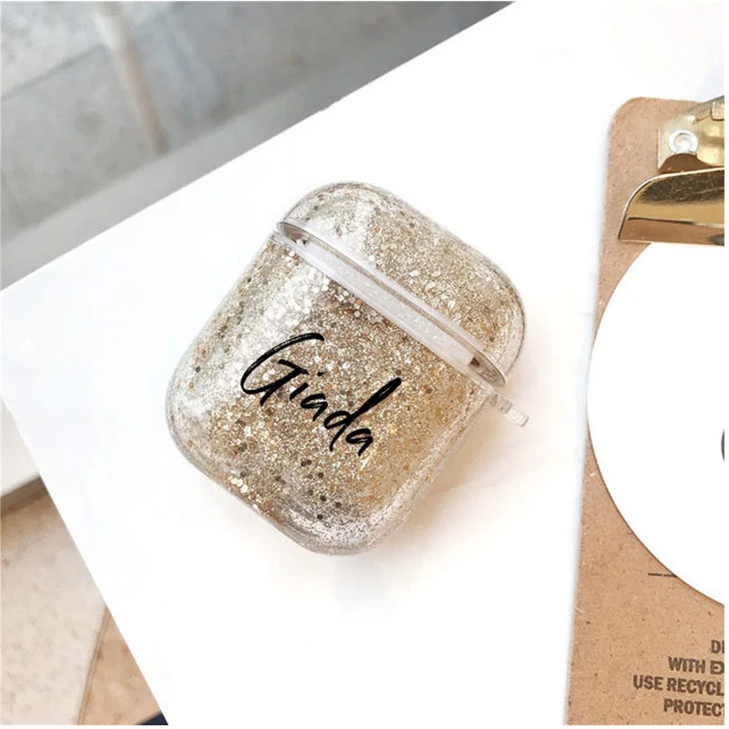Funda personalizada con logotipo y nombre para Airpods, cubierta de arena líquida con purpurina, bonita funda de plástico duro con diseño personal