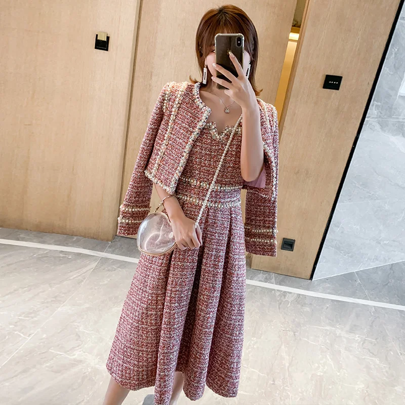 Fall Winter Tweed Wool Two Piece Set Women Elegant Thick Short Jacket Coat + Plaid Beading Slim Vest Dress Suit Outfit 2 piece