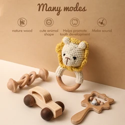 Let's Make 4pcs/set Wooden Rattle Sets Cartoon Animal Crochet Rattle Wood Car Block Soother Teether Set Montessori Toddler Toy