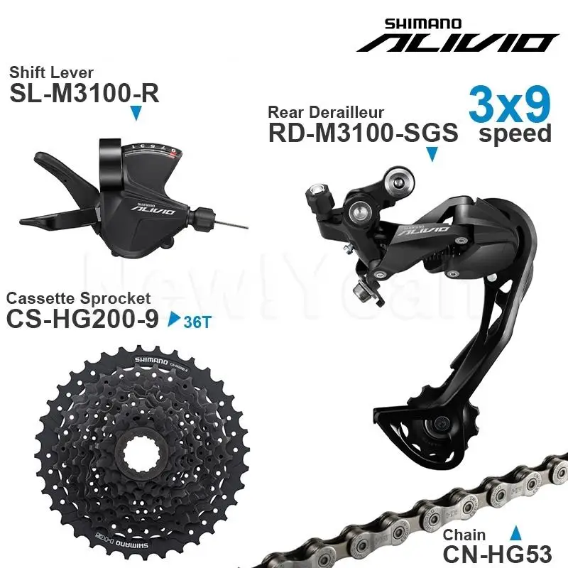 SHIMANO ALIVIO M3100 9 speed Groupset include M3100 Shifter REAR DERAILLEUR HG200 Cassette Sprocket 32/34/36T and HG53 Chains