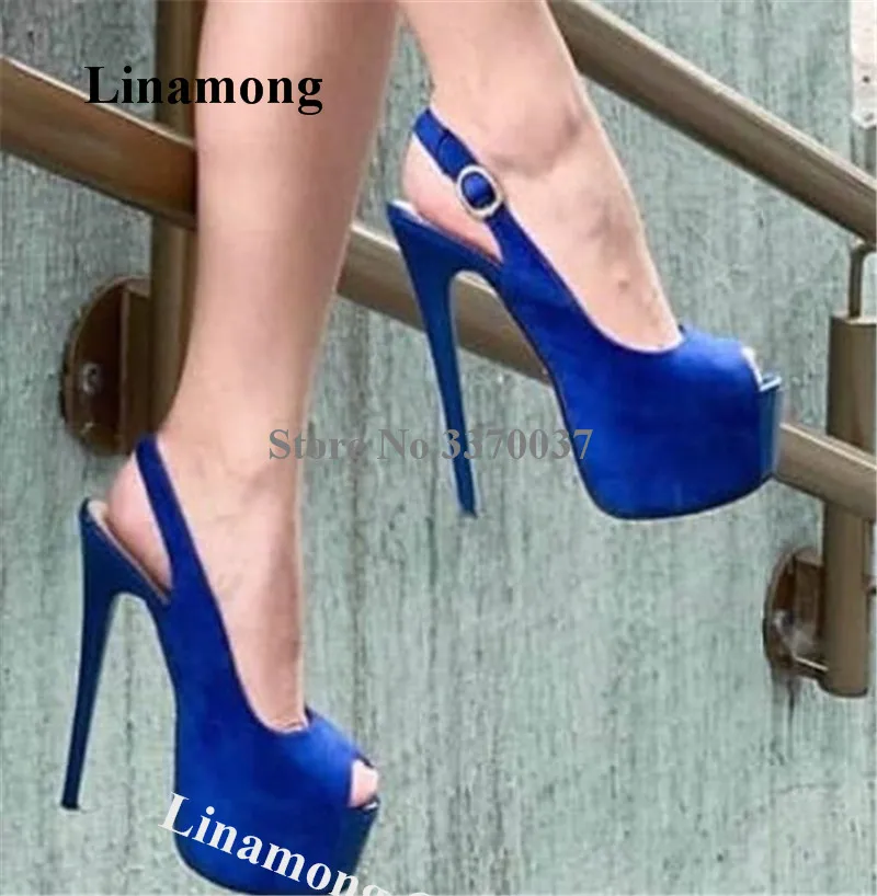 

Linamong Classical Style Peep Toe Suede Leather High Platform Stiletto Heel Pumps Blue Cut-out High Heels Club Dress Shoes