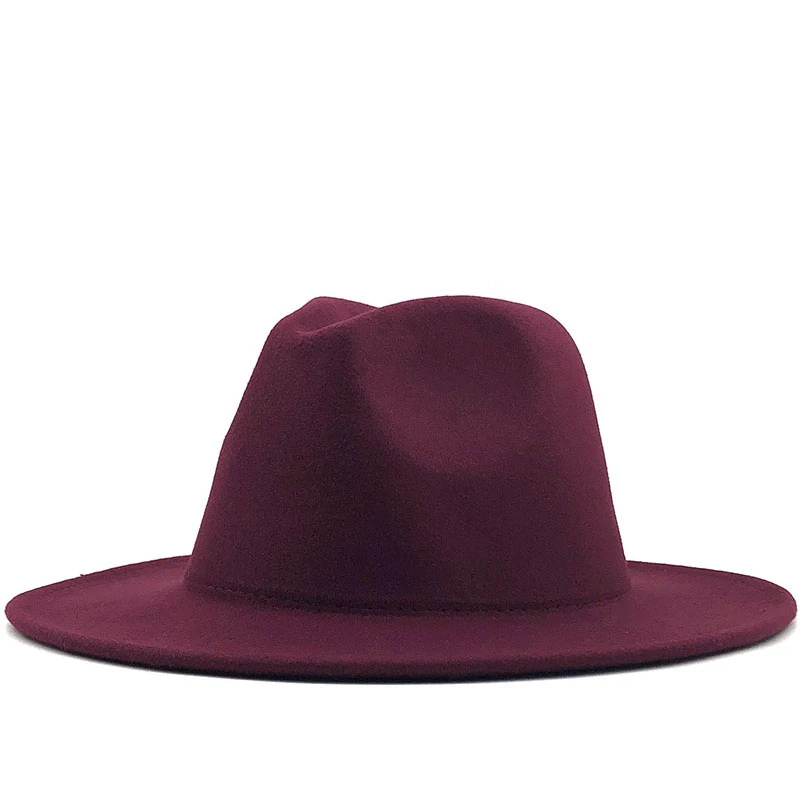 drop Outer wine red Inner Camel Wool Felt Jazz Fedora Hats with Thin Belt Buckle Men Women Wide Brim Panama Trilby Cap 56-60CM