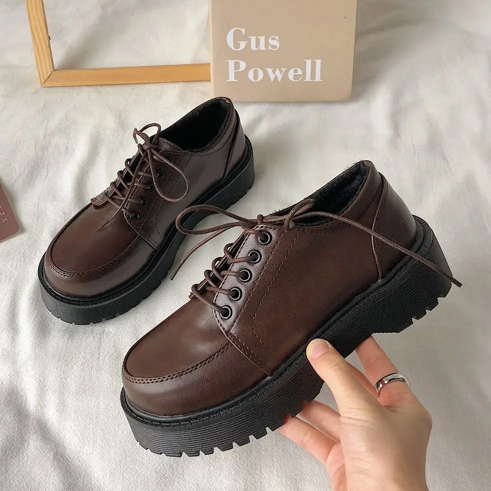 Women heels brown vintage platform shoes oxford Shoes women\'s Comfortable Lace Up Oxford Loafers Casual College Student Shoes