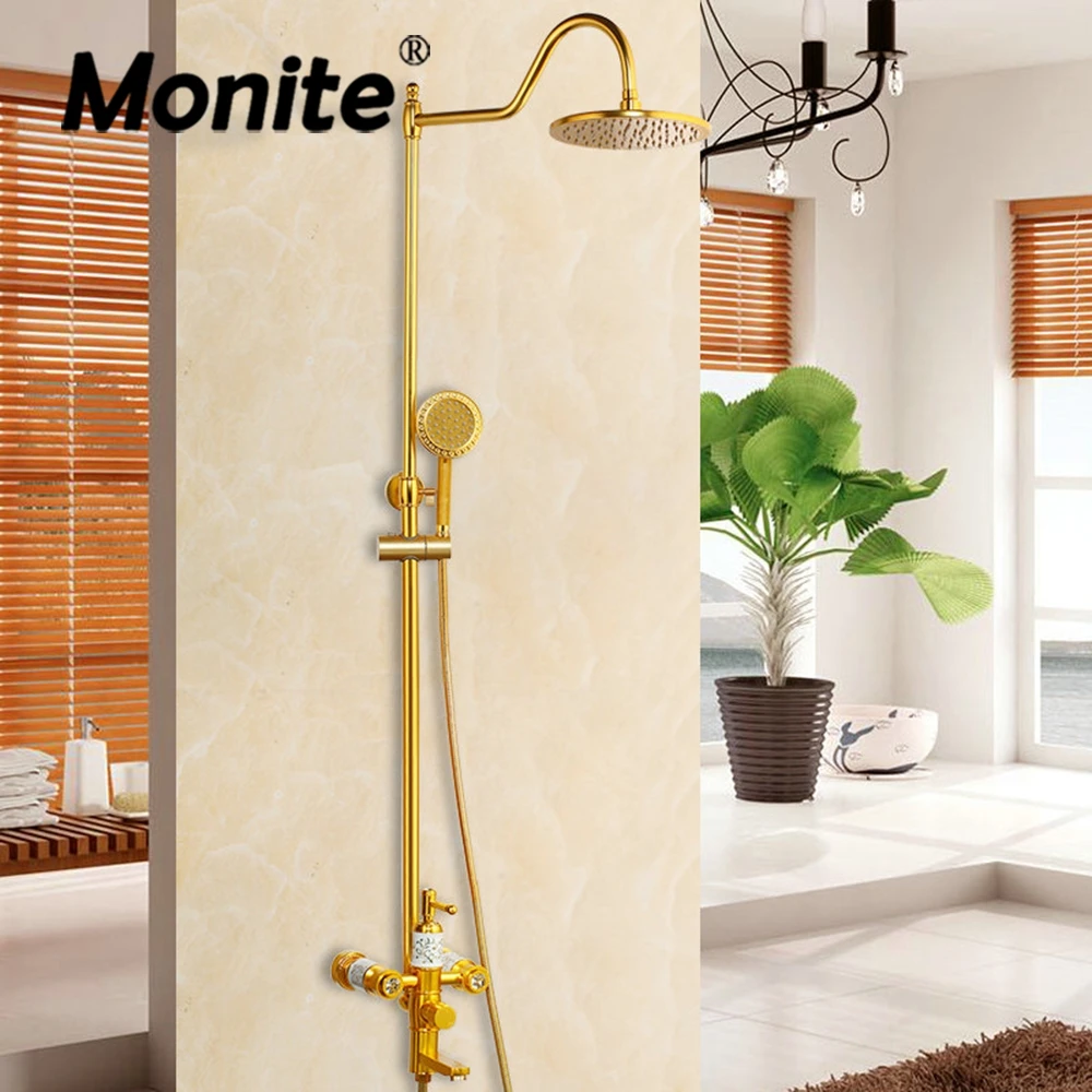 

Monite Golden Plated Wall Mounted Bathroom Shower Faucet Sets Rainfall Shower Mixer Hand Shower 3 Ways Control Bath Shower Set