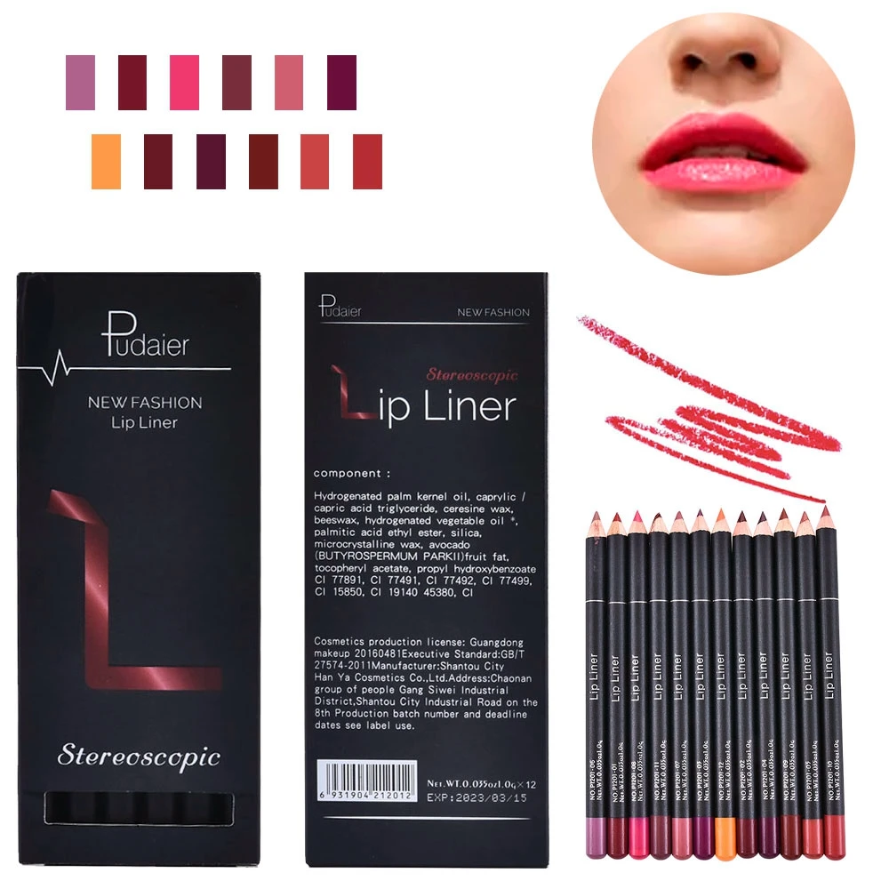 Pudaier 12 Pcs/Set Fashion Makeup Pencils Pigments Waterproof Lip Liner Lipstick Long Lasting Matte Lipliner Pencil Pen No Box