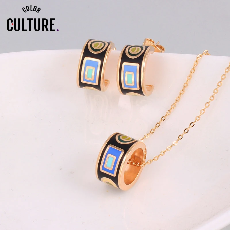 Enamel Vintage Gold-color Jewelry Sets for Women Color Pattern Design Shape Pendant/Earrings