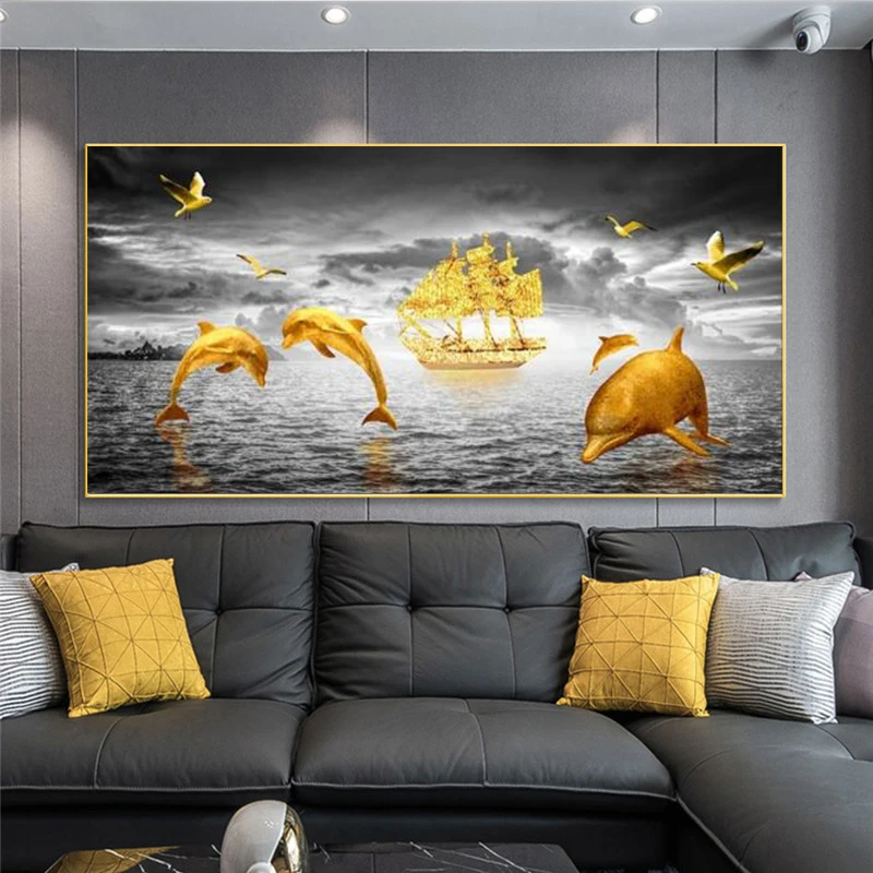 

Yellow and gray nordic gold sailing dolphin bird ocean landscape poster canvas prints living room decoration painting wall