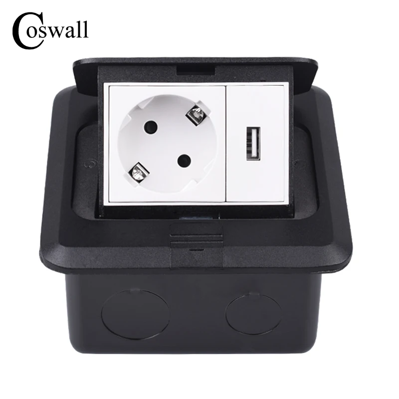 coswall tomada de aluminio com painel preto plugue de energia 16a russia espanha padrao europeu com porta de carregamento usb 5v 1a 01