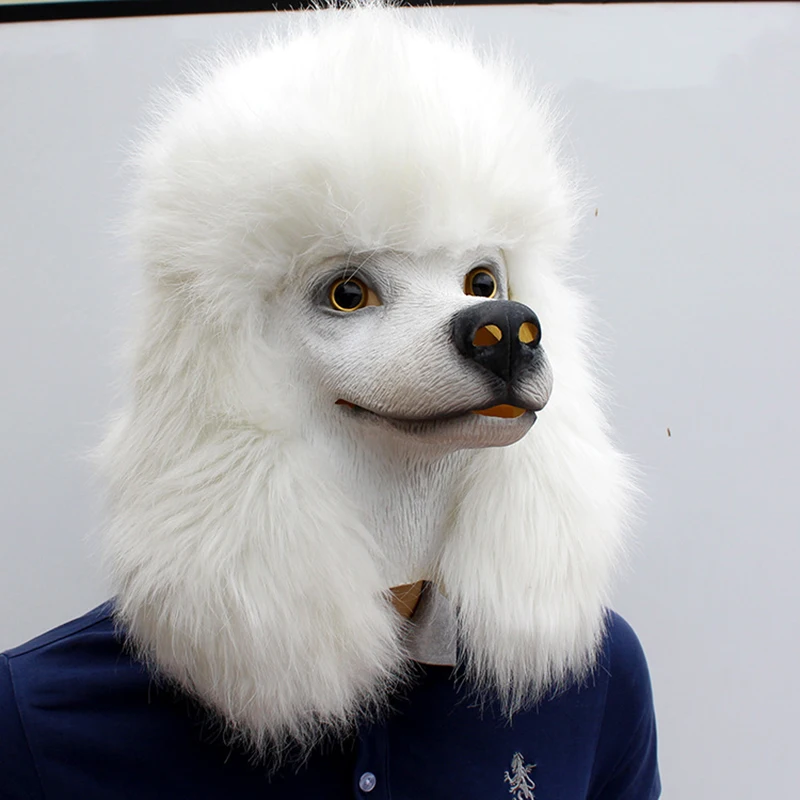 White Poodle Dog Head Party Mask, Latex with Other Animal Cosplay, Fancy Dress, Adult Funny Costume Props, Christmas