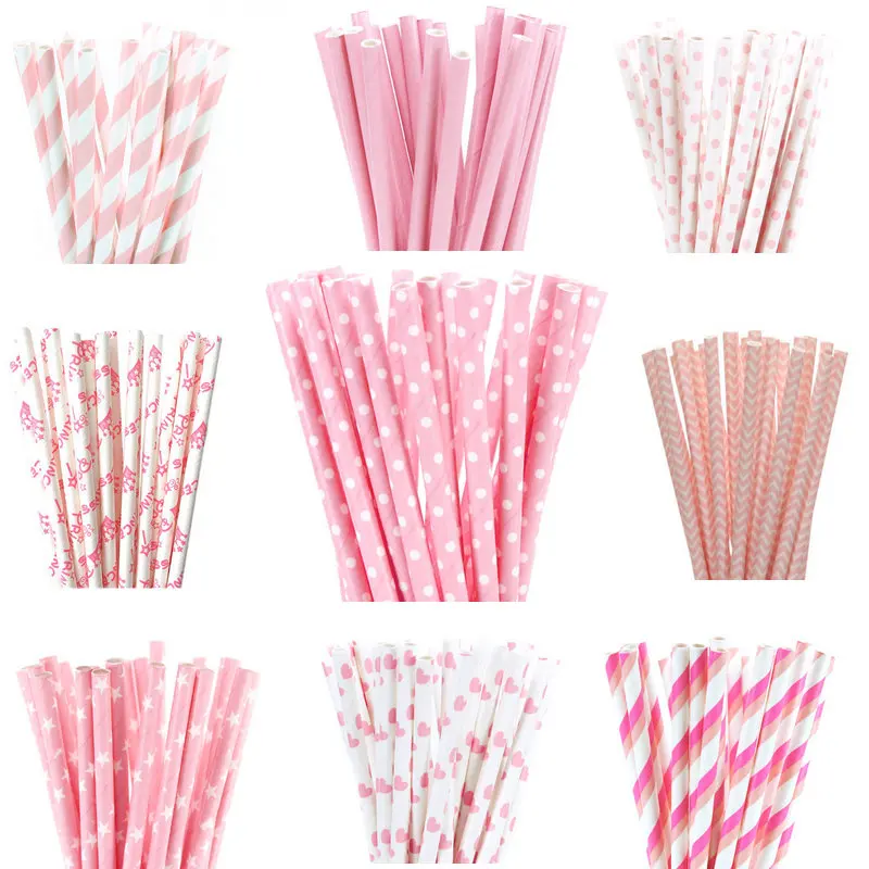 

25pcs Light Pink Blue Red Paper Straws For Baby Shower Wedding Party Kids Birthday Party Decoration Paper Drinking Straws