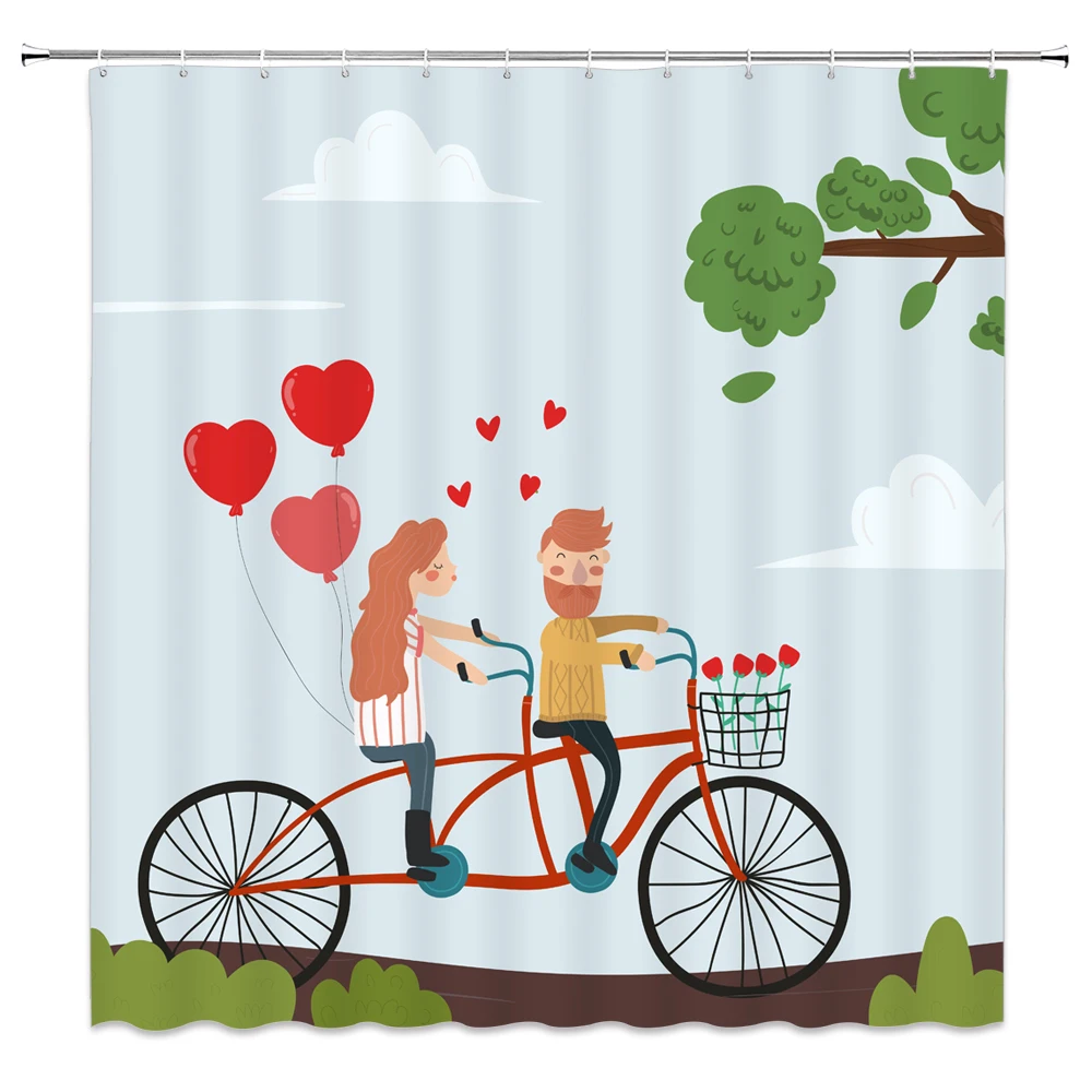 Romantic Heart balloon Shower Curtains Nature scenery  Bathtub Curtain  Bathroom Home Decor Green Meadow Bath  Screens