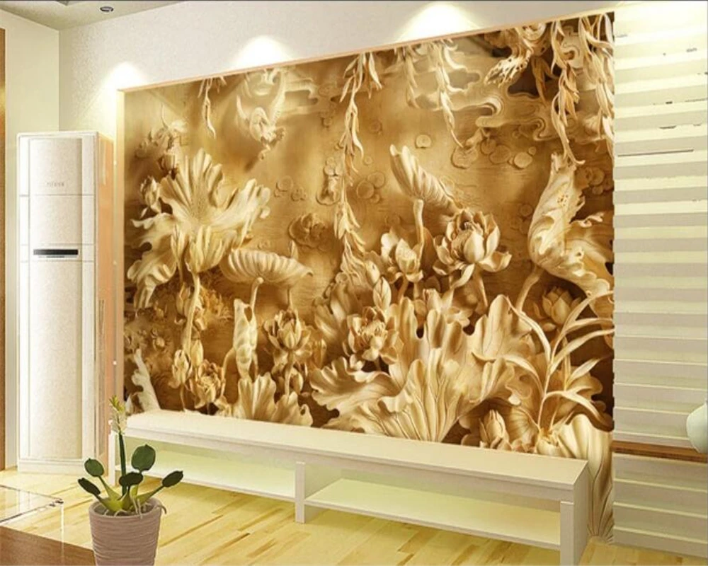 Custom Wallpaper 3D Wood Carving Lotus TV Background Wall Living Room Bedroom Lotus Picture Decorative Painting Papel de parede