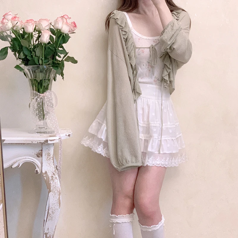 VintageTeen Girls Tie Front Cardigan Women Green Knitted Sweater Kimono Summer Cover Lace Up Crop Tops Autumn Thin Knitwear Coat