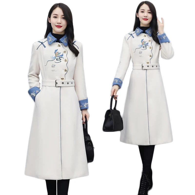 

UHYTGF 2023 New Wool Coat Women Tops Women Clothes Embroidered Long Coat Vintage Autumn Clothing Wool Jacket Women Outerwear373