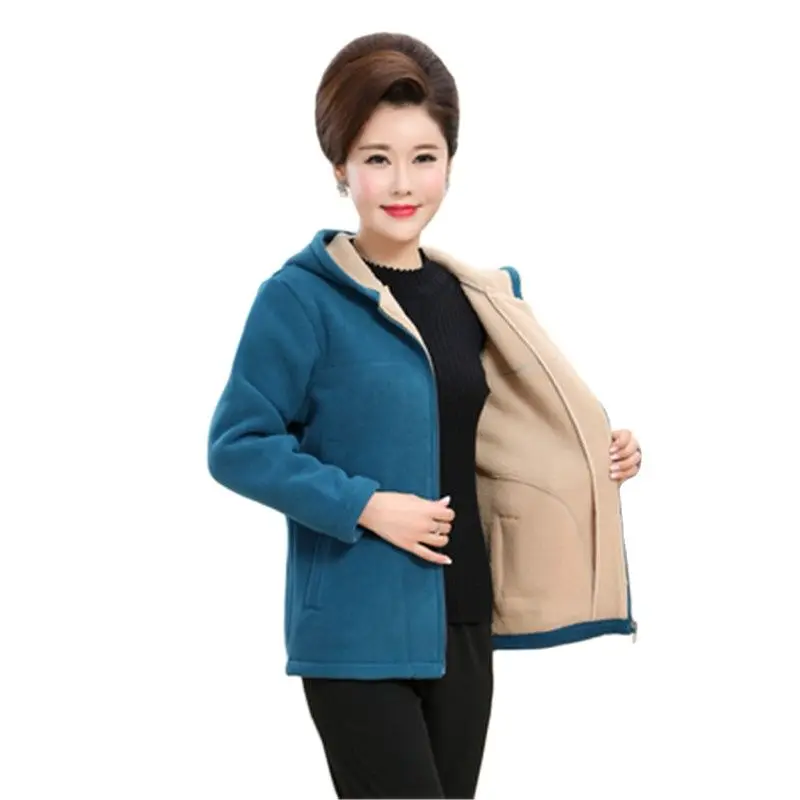 

Polar fleece jacket women middle-aged and elderly solid color hooded loose plus velvet thickening fleece jacket A476