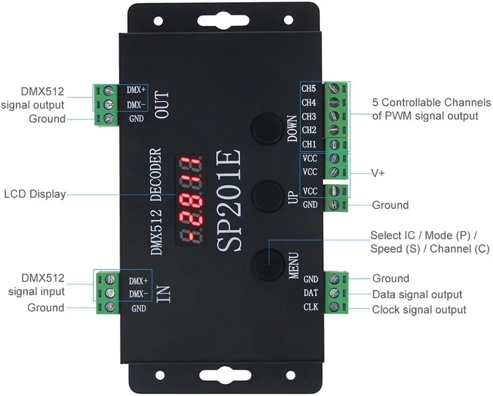 WS2812B WS2811 DMX to SPI Controller Decoder, W/ 99 Color Modes, SP201E 5 Channel DMX 512 RGB WW Decoder Controller for SK6812