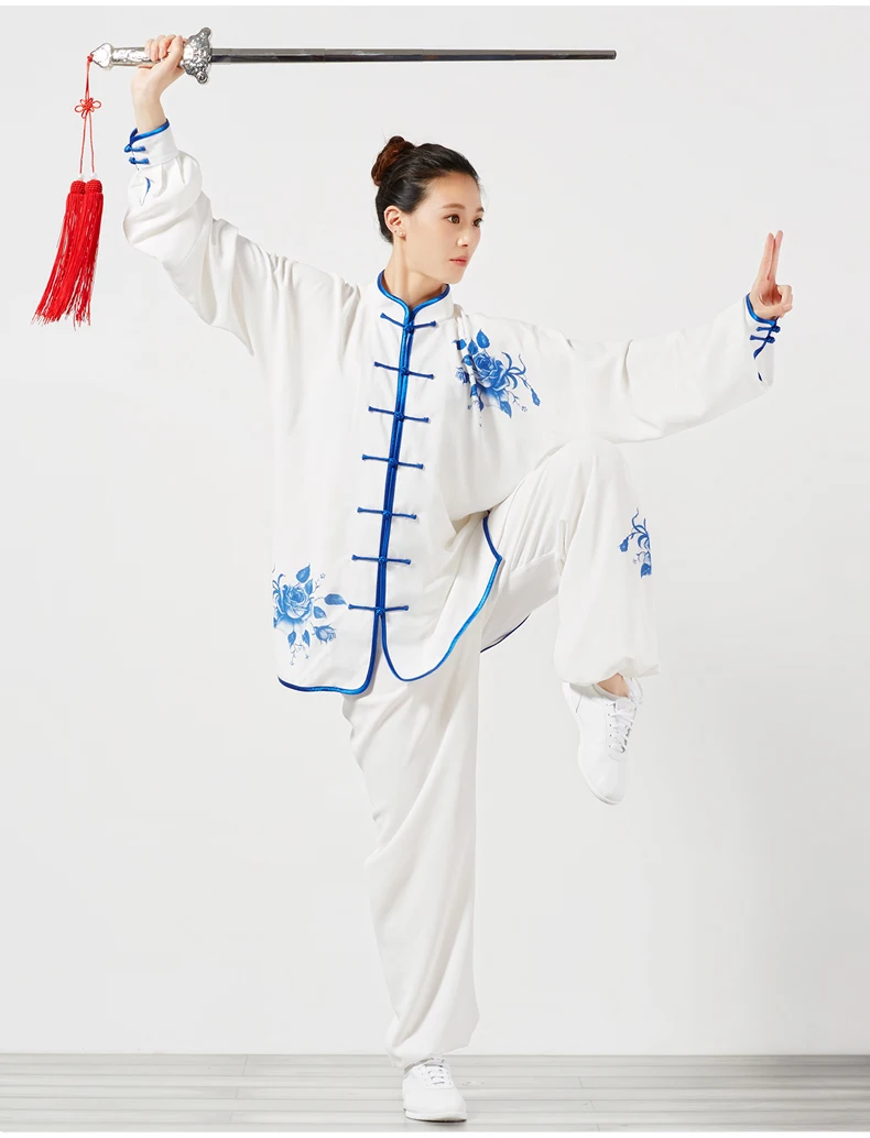Women's Long-Sleeve Tai Chi Practice Uniform, Men's Cotton Tai Chi Performance Outfit with Prints