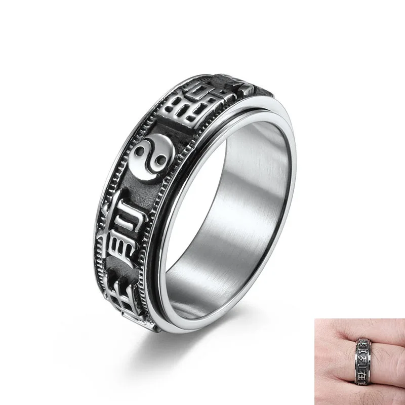 8MM RetroTaoist Nine-Character Mantra Rotating Ring For Men Chinese Style Stainless Steel Tai Chi Yin Yang Balance Band Jewelry