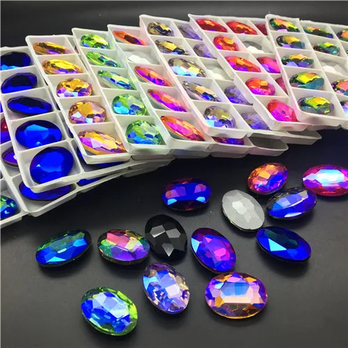 AB Colors 8x10,10x14,13x18,18x25,20x30 mm Glass Crystal Oval Rhinestone Pointed back fancy stone DIY Garment Stones