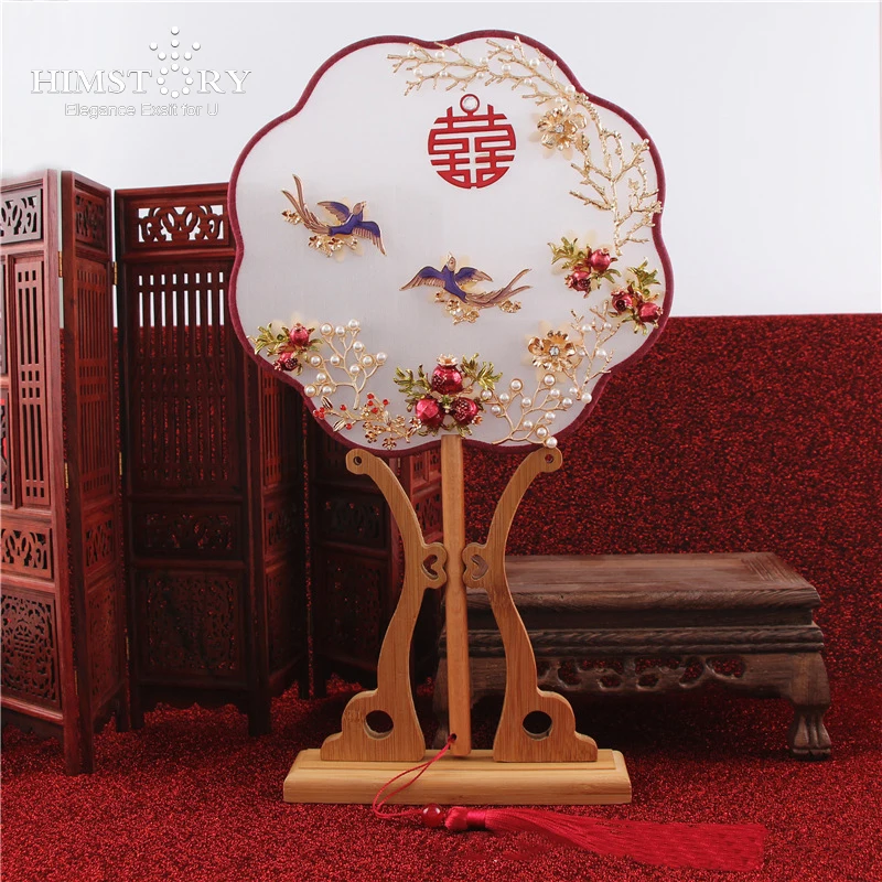 HIMSTORY Circular Fan Bridal Wedding Fan Ancient Style Wedding Bridal Bouquet Fan Chinese Style hand fan dropshipping