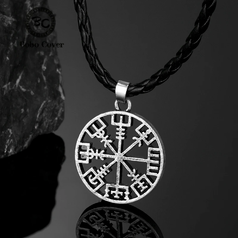 Viking Vegvisir Compass Pendant Men Amulet Necklace With Stainless Steel/Genuine Leather Rope Chain Scandinavian Norse Jewelry