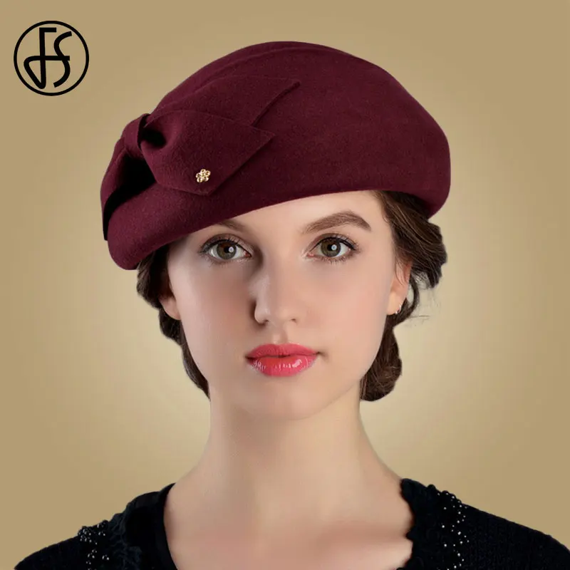 FS French Berets Caps For Women Fashion 100% Wool Felt Fedora Hat Winter Blue Purple Red Church Female Vintage Cloche Hats