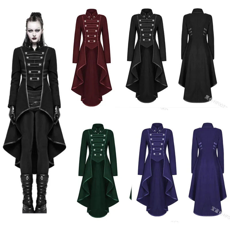 Gothic Medieval Women Vintage Cosplay Jacket Stand Collar Steampunk Long Coat  Irregular Overcoat Ladies Retro Jacket Costume