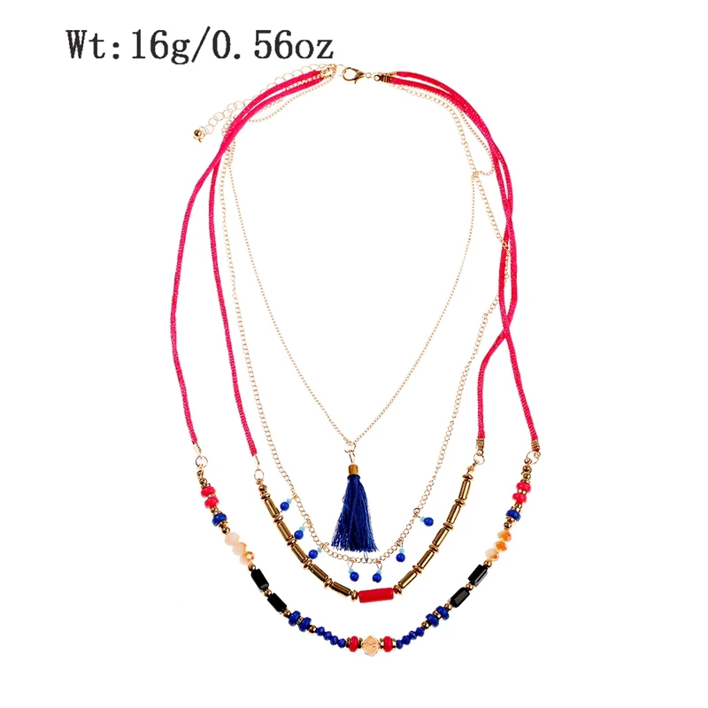 Women\'s Bohemian Boho Beads Tassel Statement Necklace Multilayer Woven Long Pendants Ethnic Choker Necklace Women