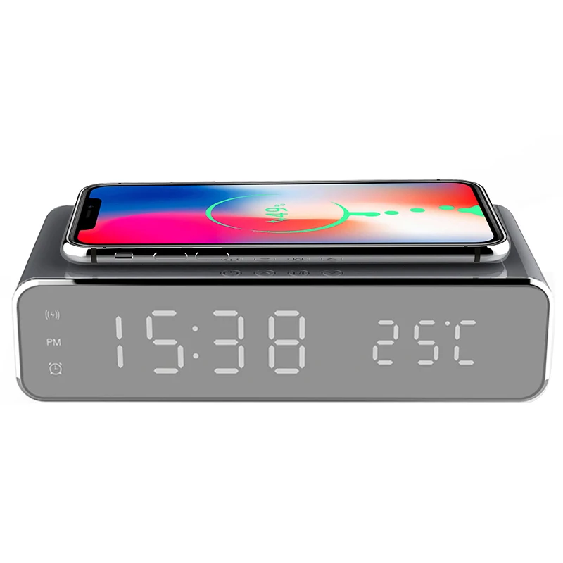 Wireless Charger Alarm Clock LED Digital Watch Table Thermometer Electronic Desktop Clocks Wake Up FM Radio Time Fast Charger