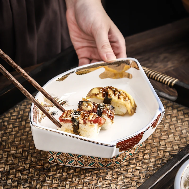 Ceramic Sushi Plate with Lace Bowl, Japanese Style, Traditional Platter, Greeting Pine, Salmon, Home and Hotel Use