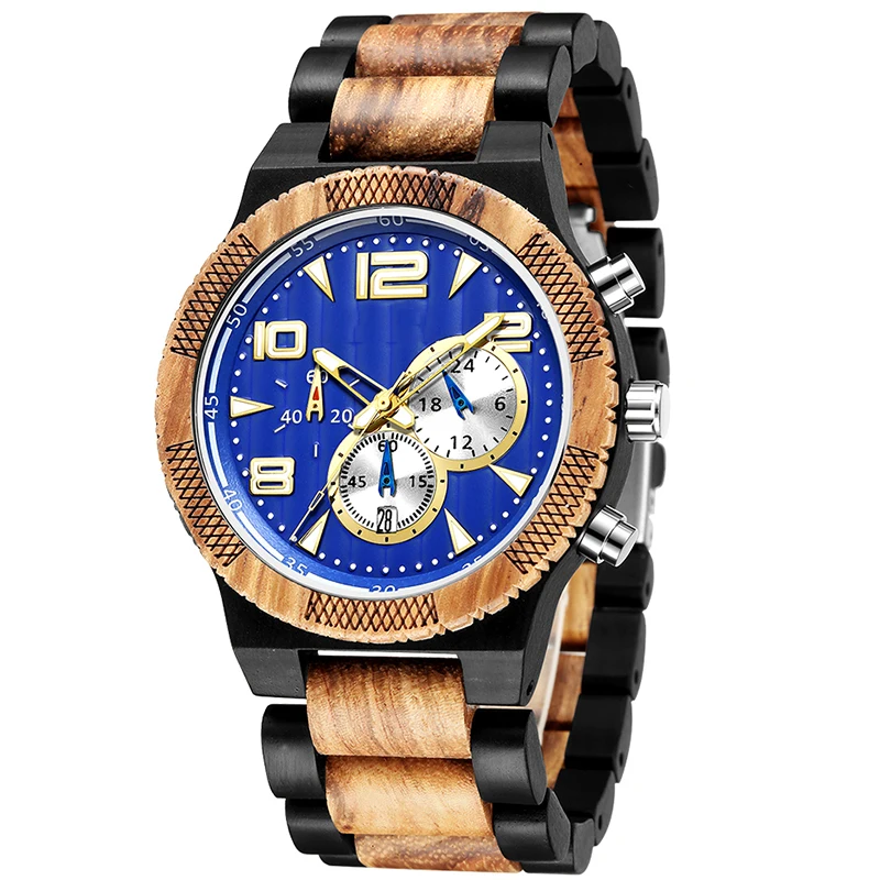 Solid Full Wood Watch Men Wooden Watch Quartz Chronograph Date Wrist Watches 6 Pins Clock Multifunction Dial Male reloj de mader