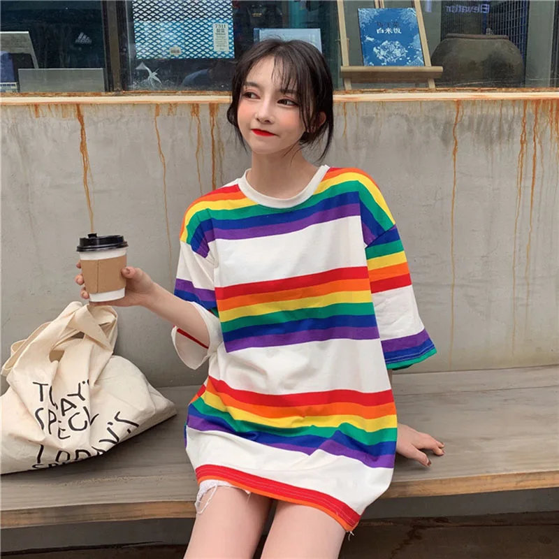 Women Rainbow T Shirt Striped Punk T-shirt O-Neck Casual Harajuku Tshirt Short Sleeve Korean Fashion Shirt Camiseta Feminina Top