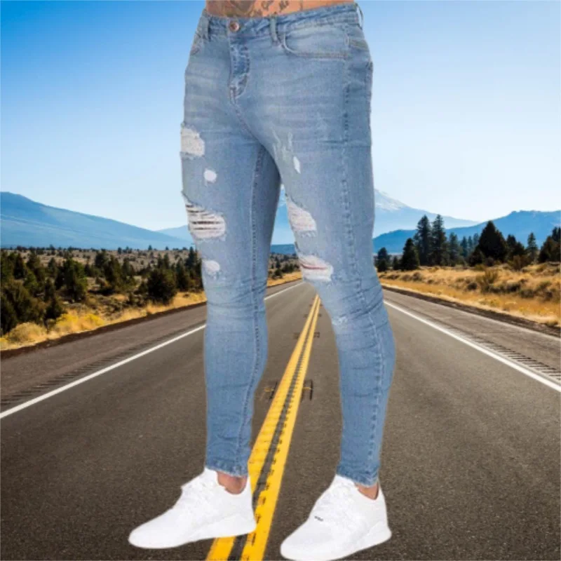 Wihte-pantalones vaqueros elásticos rasgados para hombre, Jeans ajustados de cintura elástica, ropa de calle de verano, pantalones de Joggers de