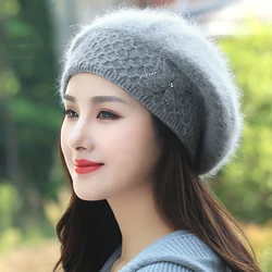 Angora Beret Women Winter Hat Beanie Warm Knit Double Layers Soft Thick Thermal Snow Skiing Outdoor Accessory For Female Adult