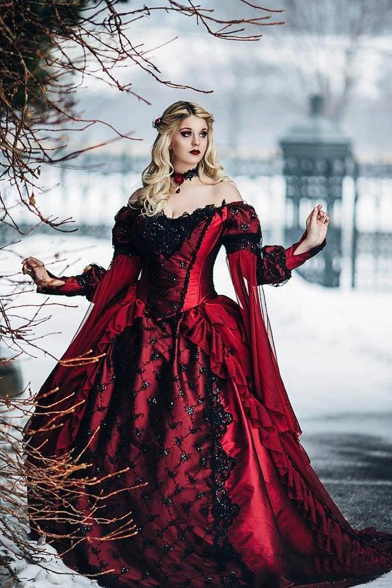 Vestido de novia gótico de la Bella Durmiente, princesa Medieval, rojo y negro, vestido de baile de novia, manga larga, Apliques de encaje, vestidos victorianos