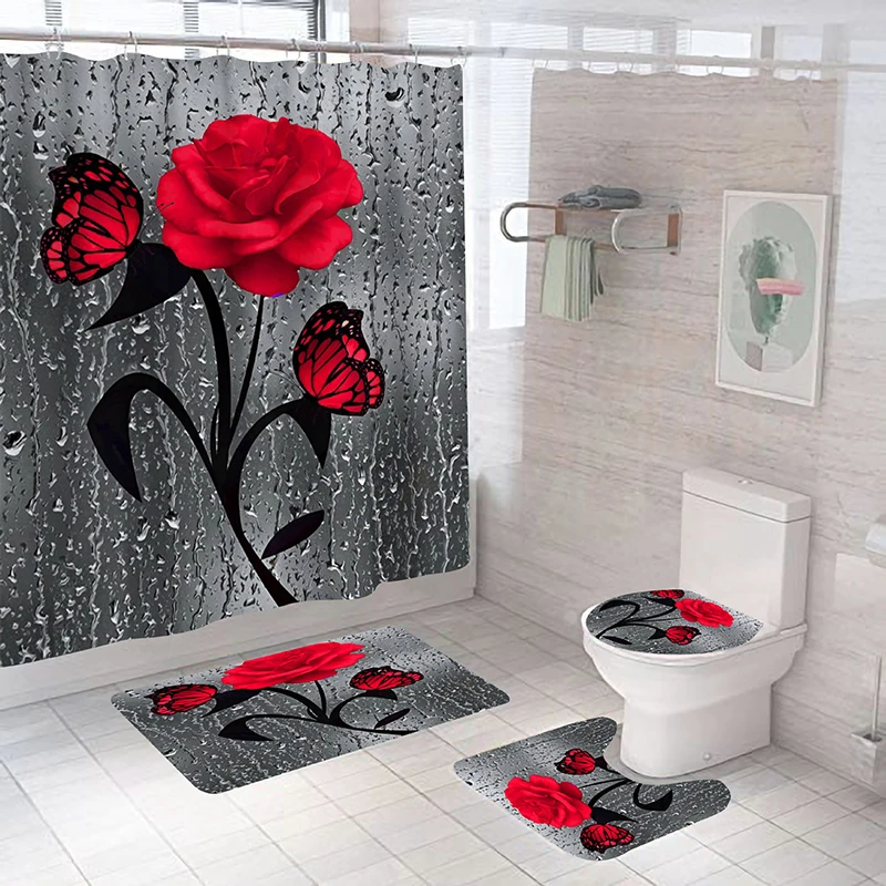 Juego de alfombrillas antideslizantes para baño, juego de cortina de ducha resistente al agua, alfombra de Pedestal, tapa de inodoro, alfombras,