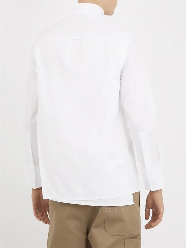 

Men's Long Sleeve Shirt Spring And Autumn New White Square Collar Cotton Poplin Ribbon Secret Button Irregular Fashion Shirt