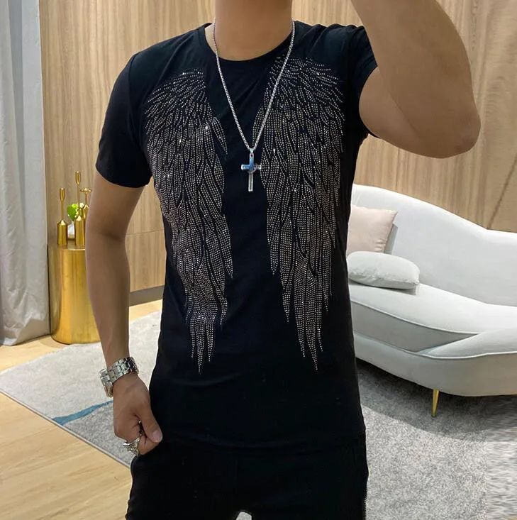 S-6XL Streetwear Hot Drill T Shirt Anime Short Sleeve Men\'s Rhinestone T-shirt Fashion Cotton