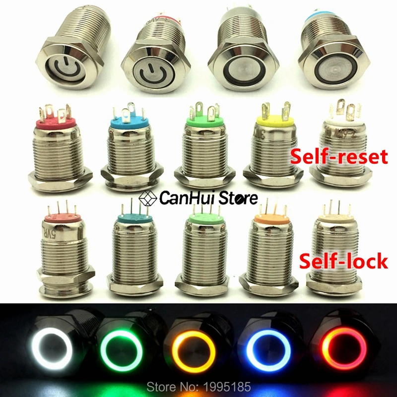 1pc 12mm Metal Push Button Switch Flat Head Ring/Power LOGO 3-6-12-110-220V Self-reset Momentary/locking Waterproof Car Auto Eng