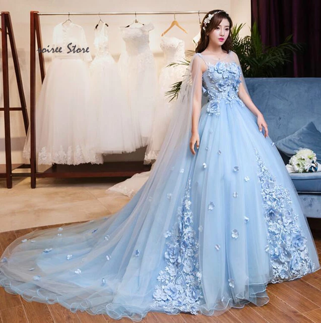 Cinderella Blue Princess Wedding Dresses Dubai Arabic Flower Floral Country  Wedding Dress Sheer Neck Beaded Boho Bride Dresses - Wedding Dresses -  AliExpress